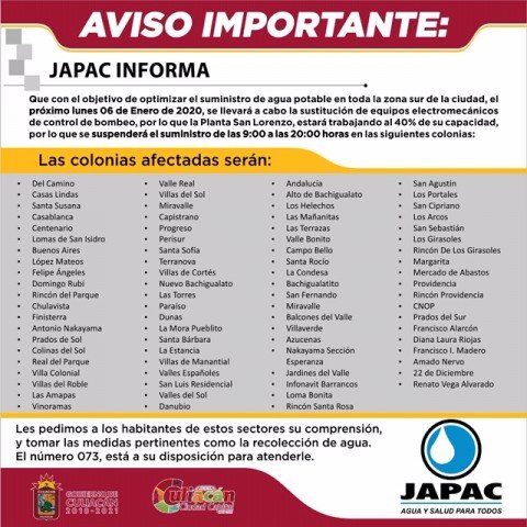 JAPAC INFORMA: Suspensión de servicio en colonias de la zona sur