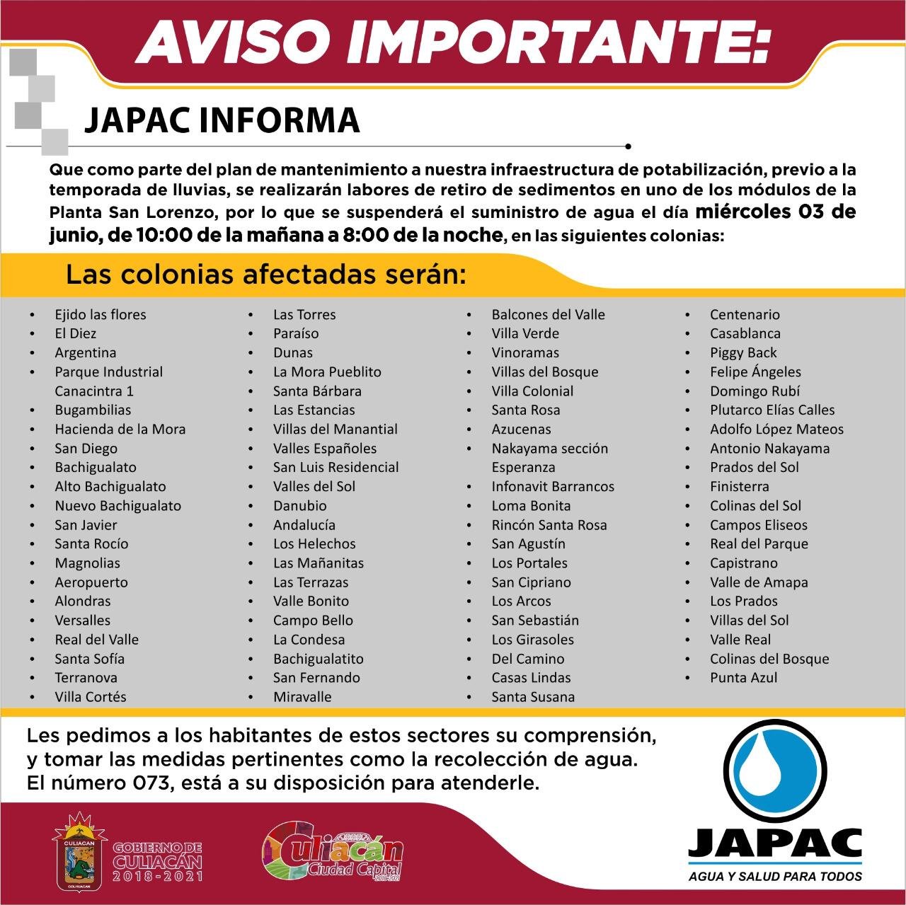 Japac informa colonias que mañana miércoles no contarán con servicio de agua