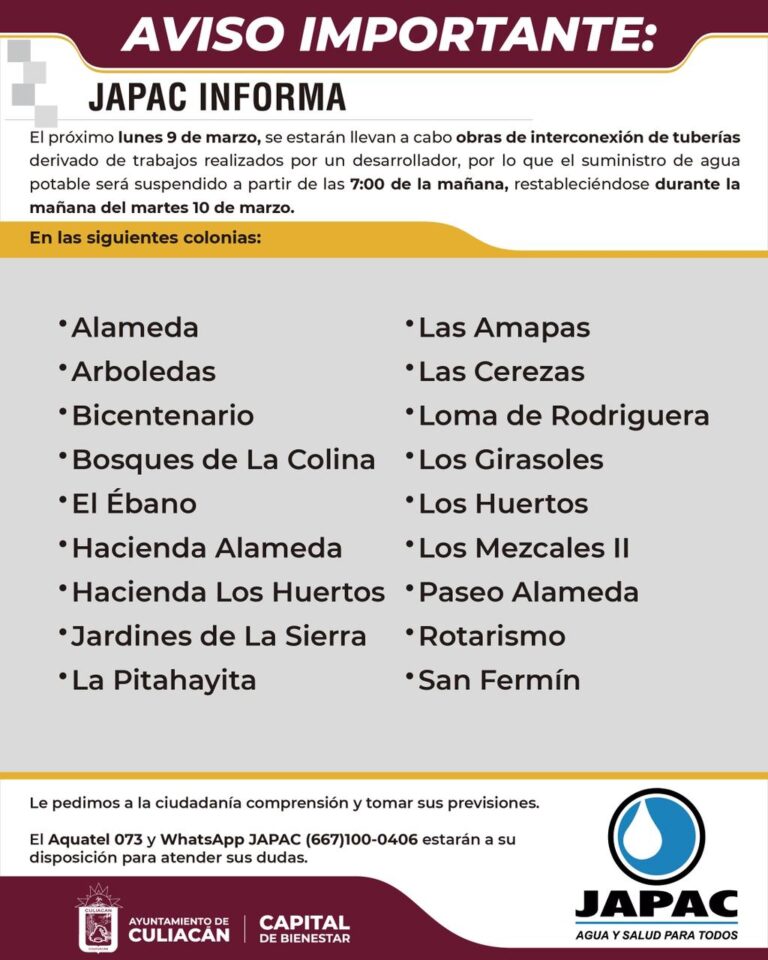 AVISO IMPORTANTE. Falta de servicio el día 9 de Marzo por Interconexiones de Empresa Desarrolladora